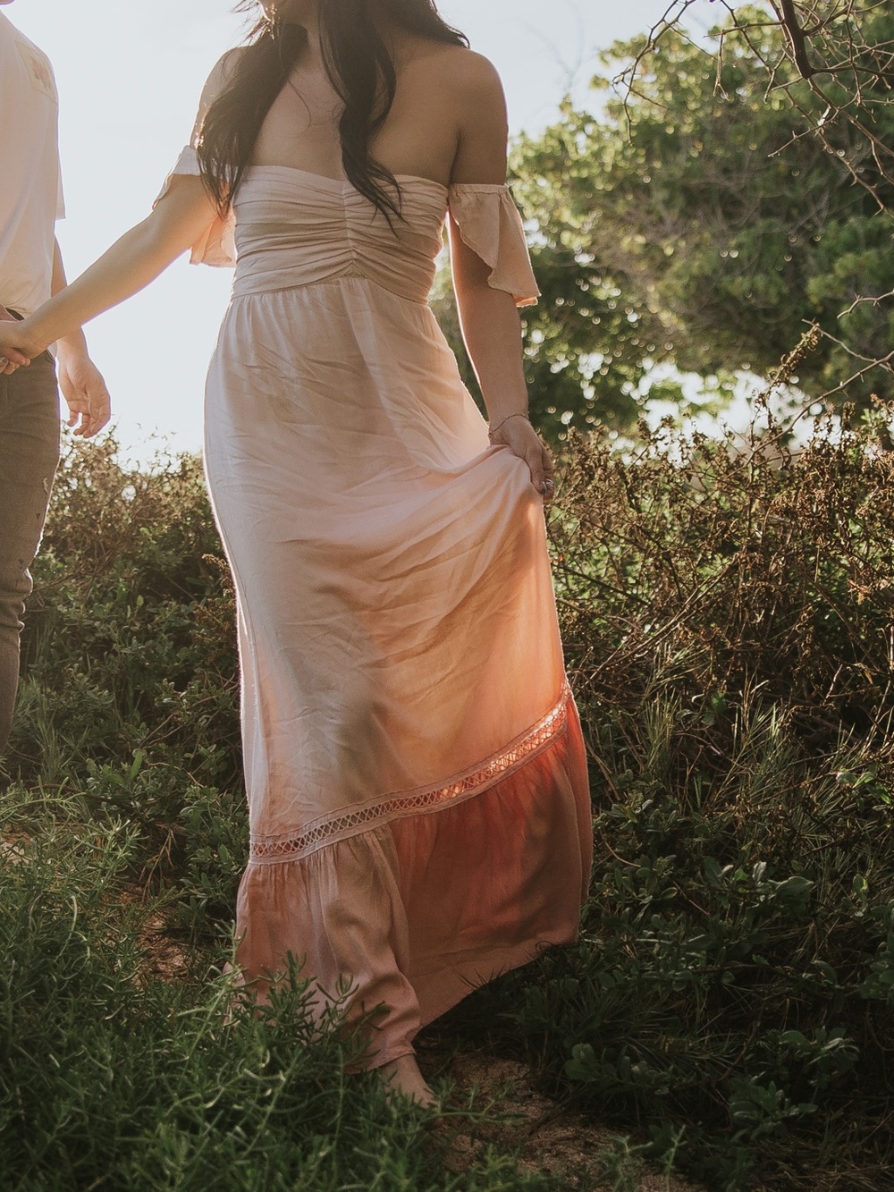 Tiare Hawaii Off-Shoulder Ombre Maxi Dress in Blush and Rust